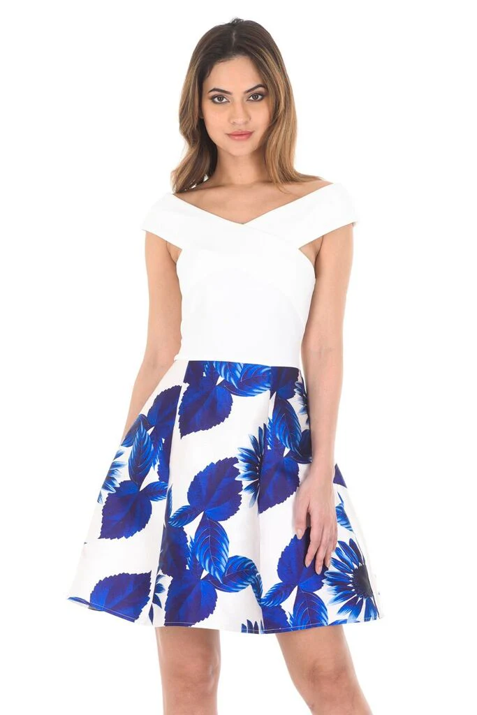 2 In 1 Cream And Blue Printed Skirt Mini Dress - Image 2