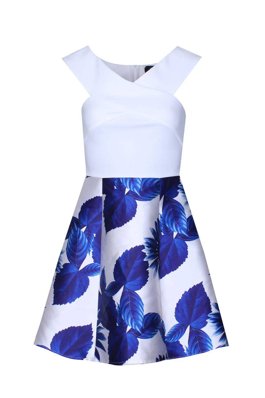 2 In 1 Cream And Blue Printed Skirt Mini Dress - Image 5