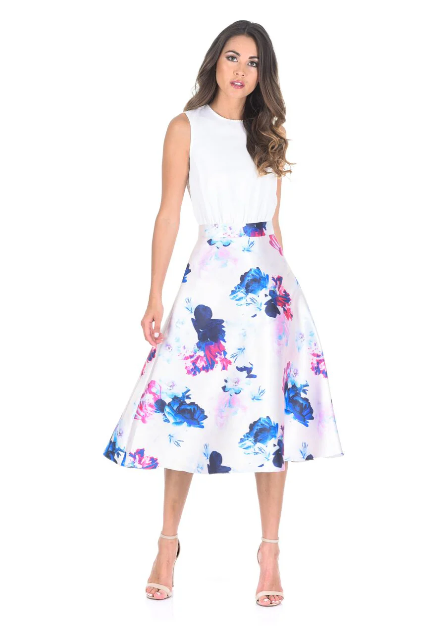 2 In 1 Cream Printed Skater Skirt Midi Dress - Image 2