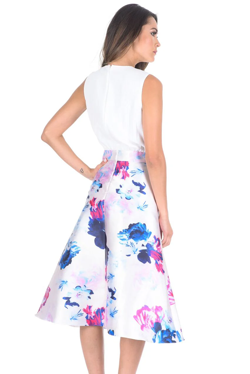 2 In 1 Cream Printed Skater Skirt Midi Dress - Image 3