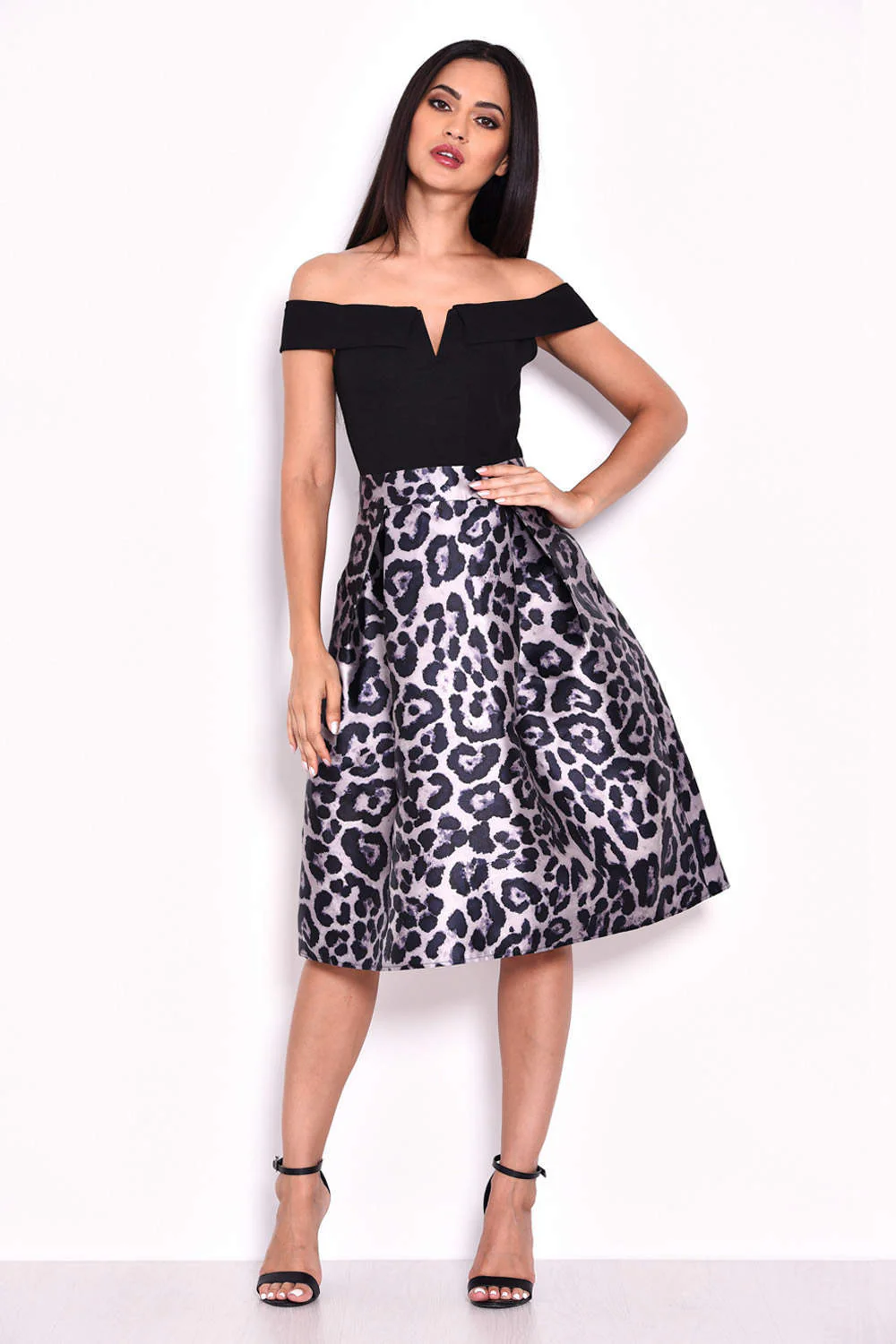 Animal Print 2 in 1 Structured Skirt Bardot Dress - Image 2