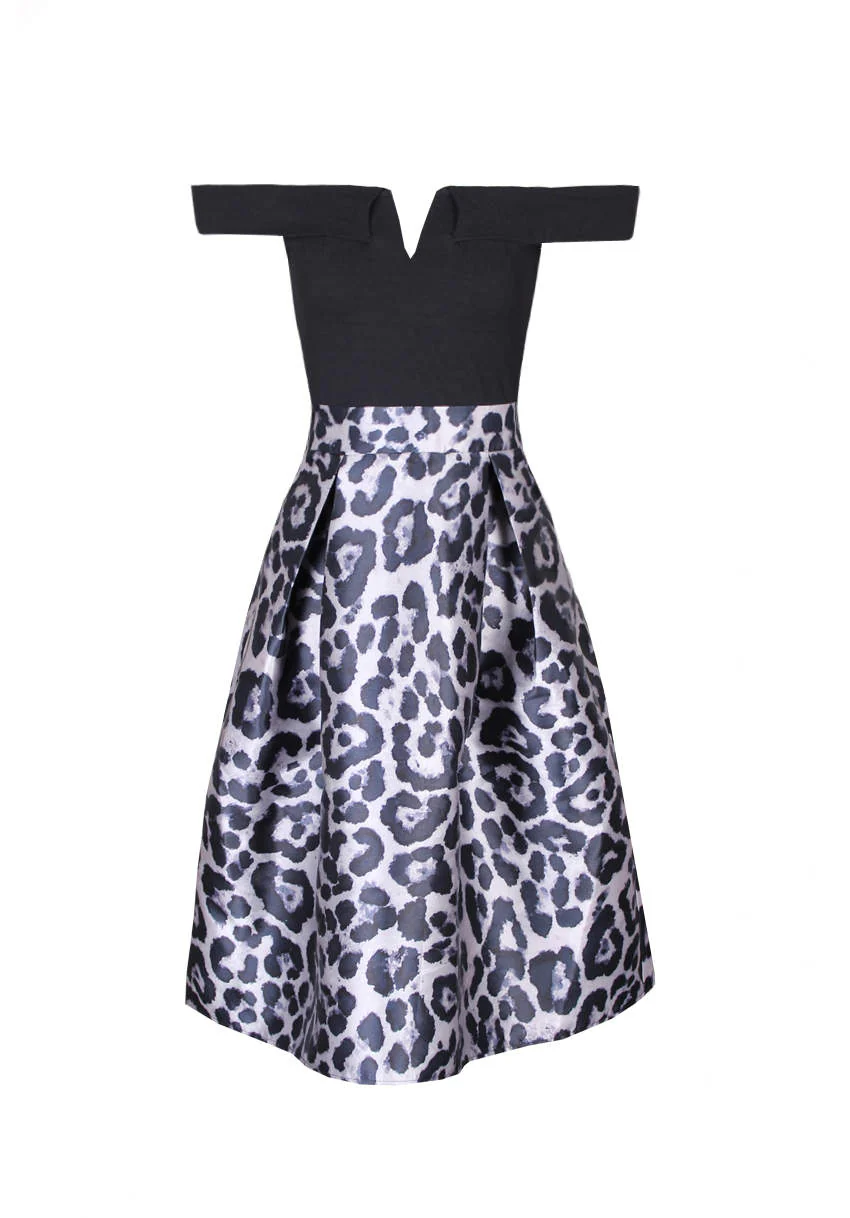 Animal Print 2 in 1 Structured Skirt Bardot Dress - Image 4