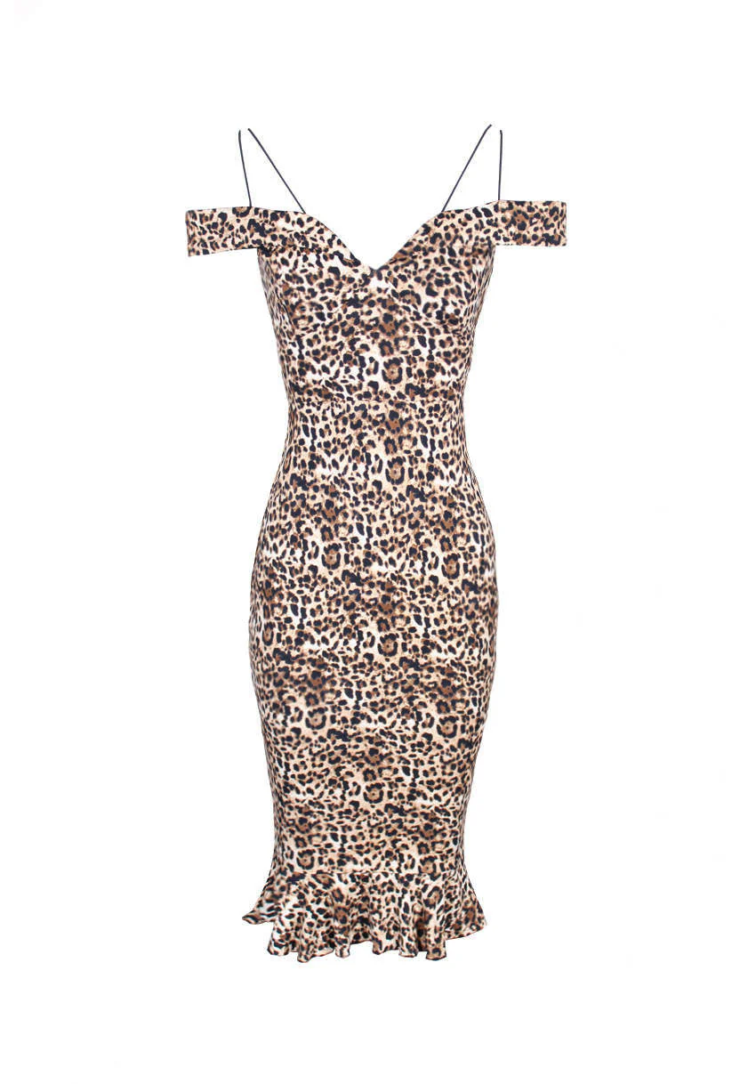 Animal Print Bodycon Cold Shoulder Midi Dress - Image 4