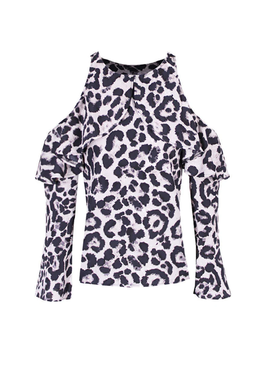 Animal Print Cold Shoulder Frill Detail Top - Image 4