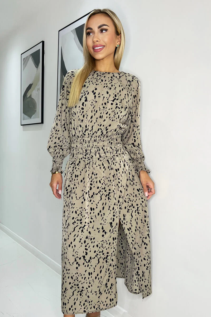 Beige Animal Print Long Sleeve Shirred Detail Midi Dress - Image 3