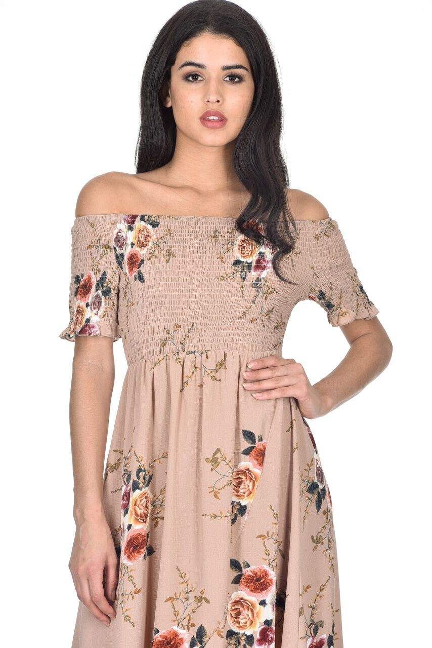 Beige Floral Bardot Printed Dress - Image 2
