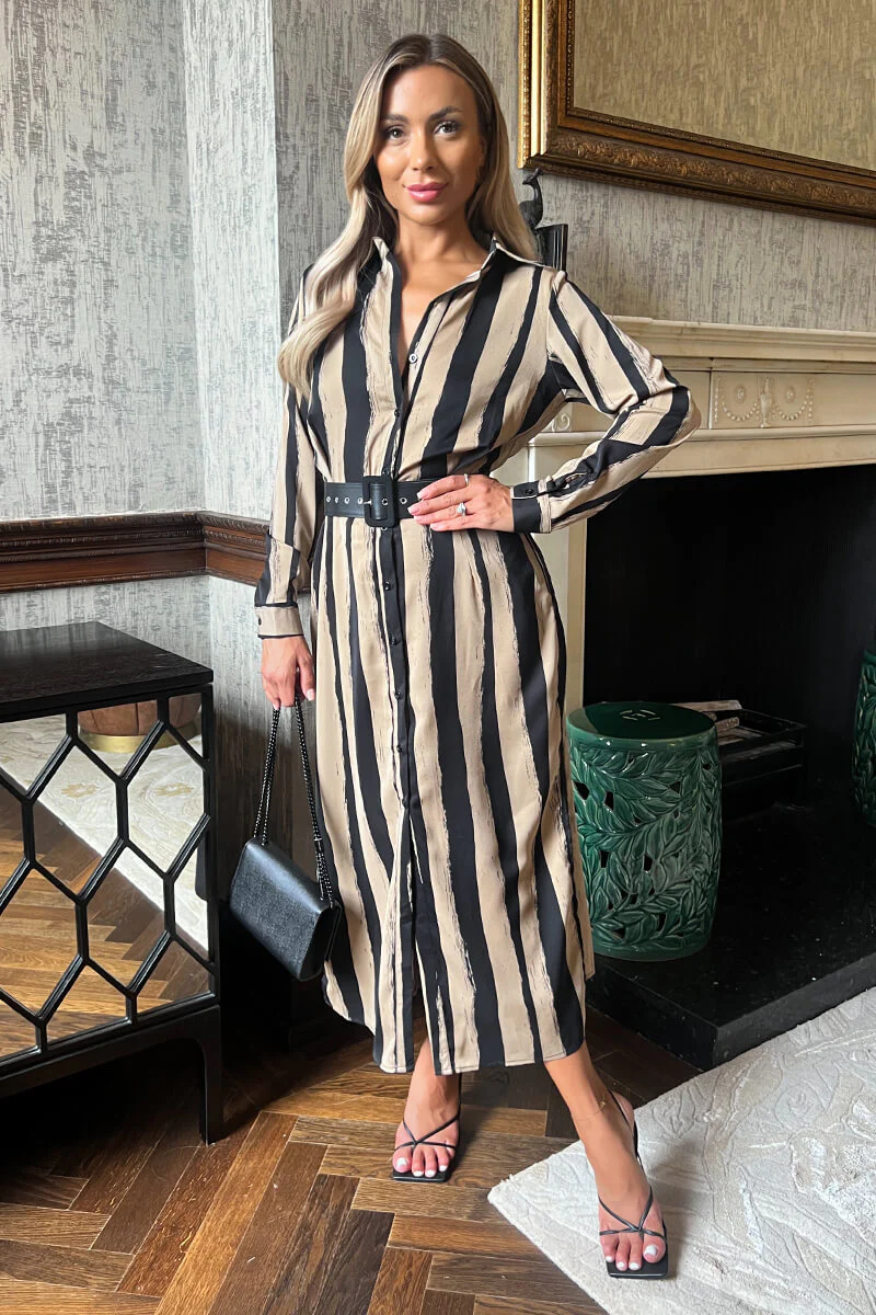 Beige Striped Print Button Front Belted Shirt Midi Dress - Image 2