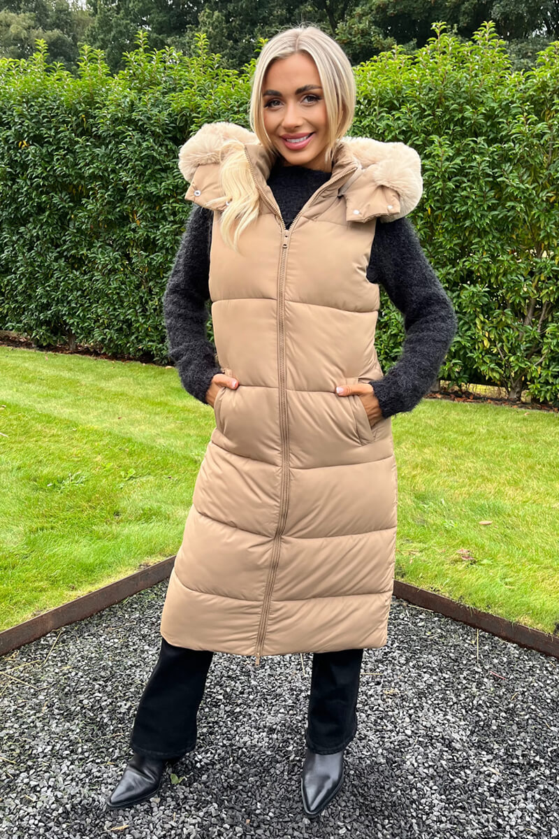 Biscuit Faux Fur Hooded Longline Padded Gilet - Image 2
