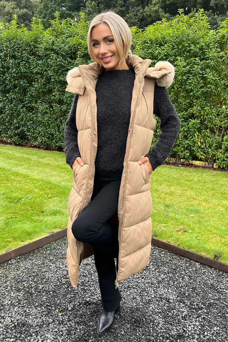 Biscuit Faux Fur Hooded Longline Padded Gilet - Image 3
