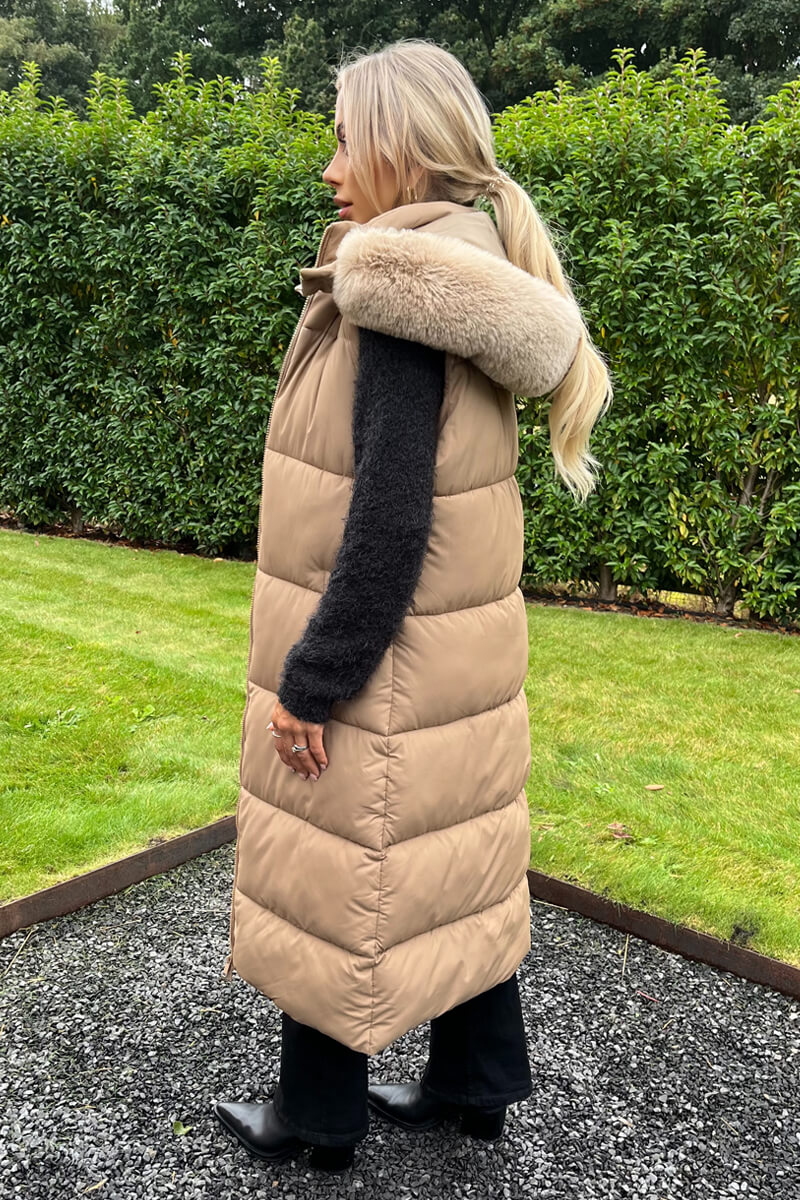 Biscuit Faux Fur Hooded Longline Padded Gilet - Image 4