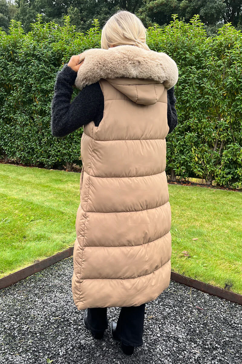 Biscuit Faux Fur Hooded Longline Padded Gilet - Image 5