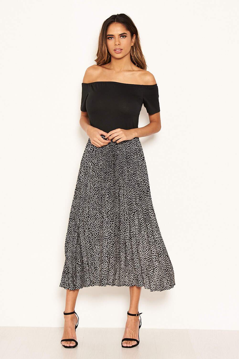 Black 2 in 1 Polka Dot Pleated Midi Dress - Image 3