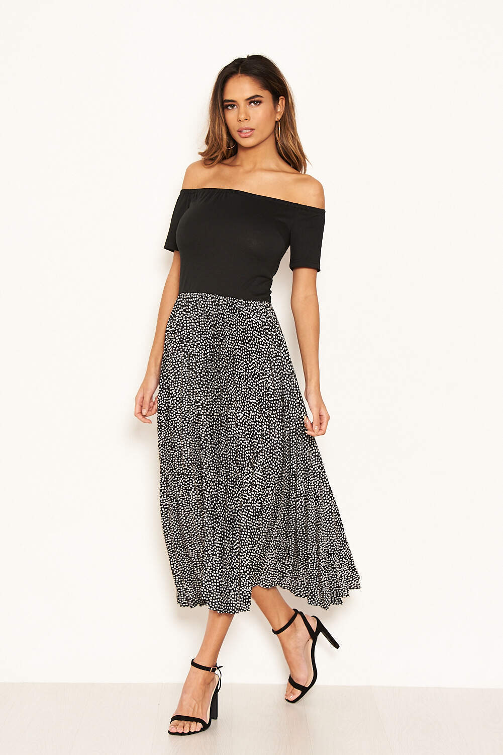Black 2 in 1 Polka Dot Pleated Midi Dress - Image 6