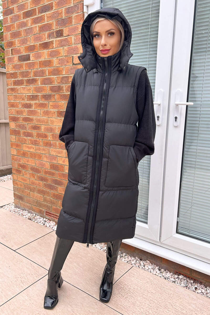 Black 2 in 1 Puffer Coat With Detachable Sleeves - Image 3