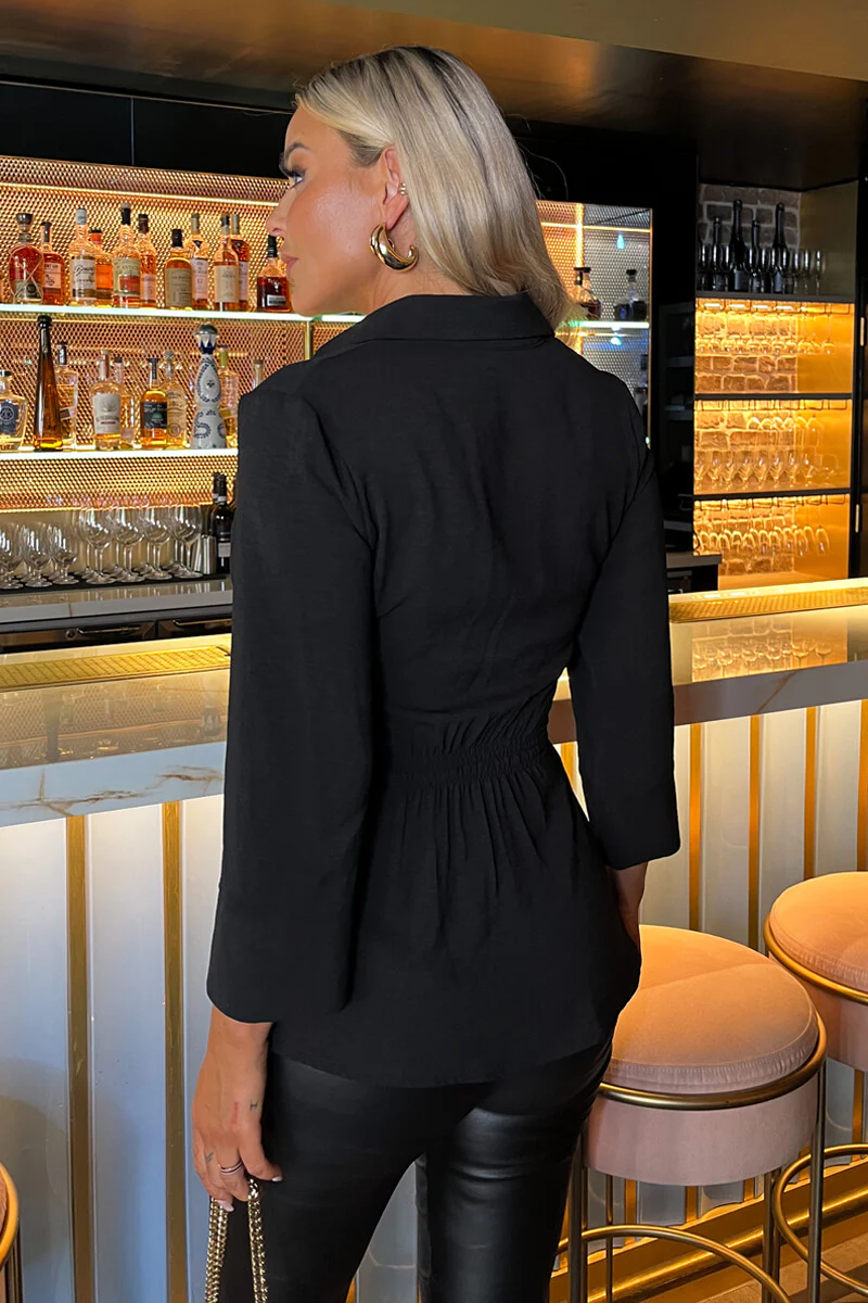 Black 3/4 Sleeve Collared Gathered Waist Top - Image 5