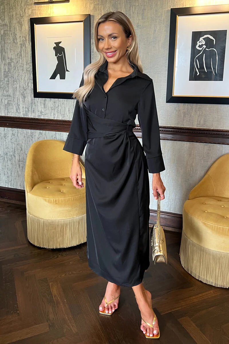 Black 3/4 Sleeves Gathered Waist Shirt Midi Dress - Image 2
