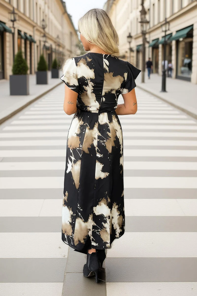 Black Abstract Print Flutter Sleeve Midi Dress - Image 5