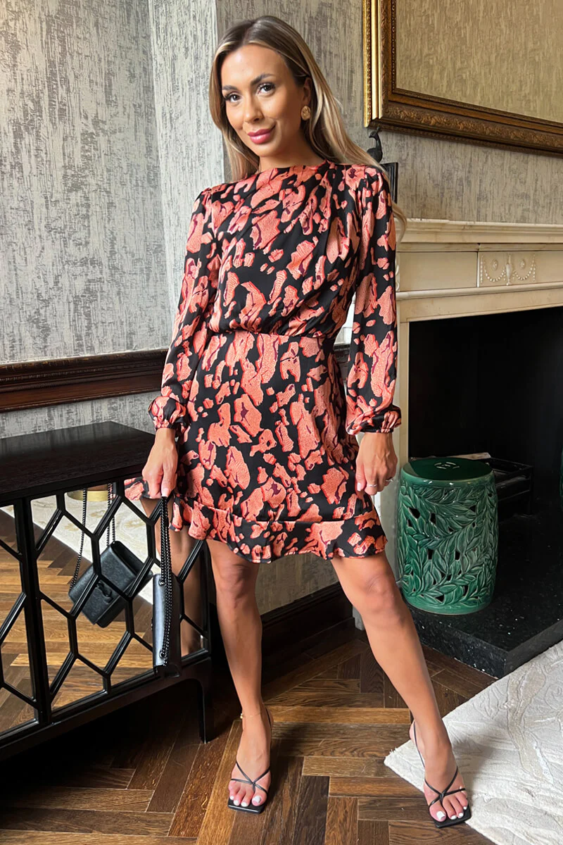 Black Abstract Print Long Sleeve Pleated Shoulder Mini Dress - Image 3