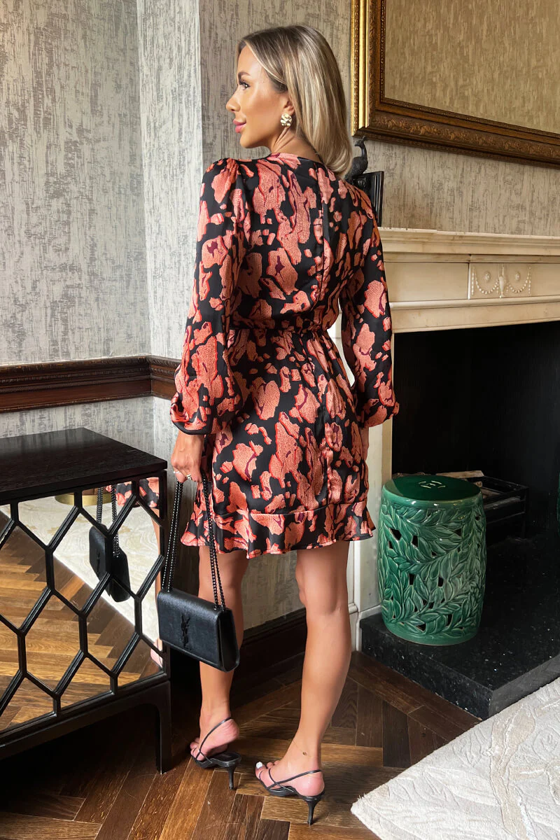 Black Abstract Print Long Sleeve Pleated Shoulder Mini Dress - Image 5
