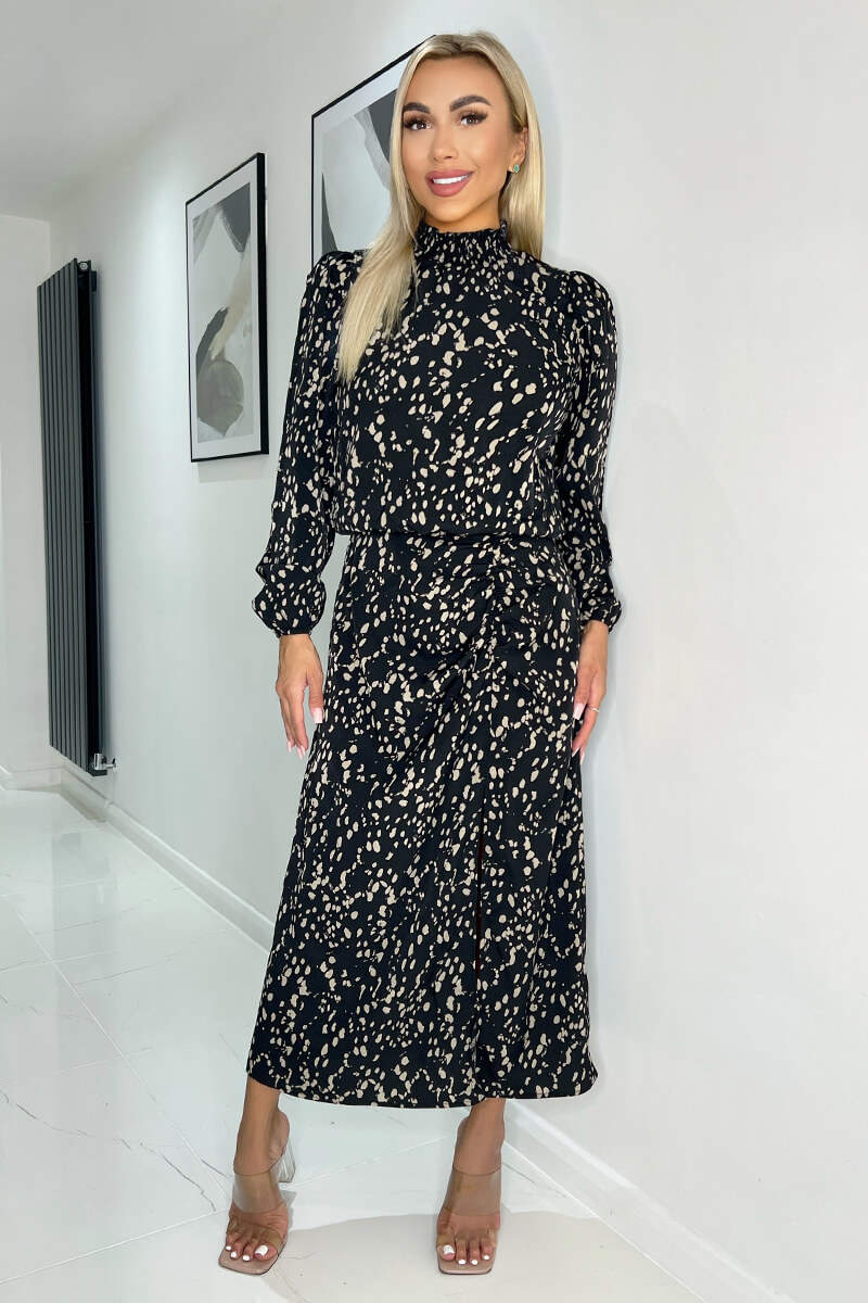 Black And Beige Printed High Neck Split Skirt Midi Dress - Image 2