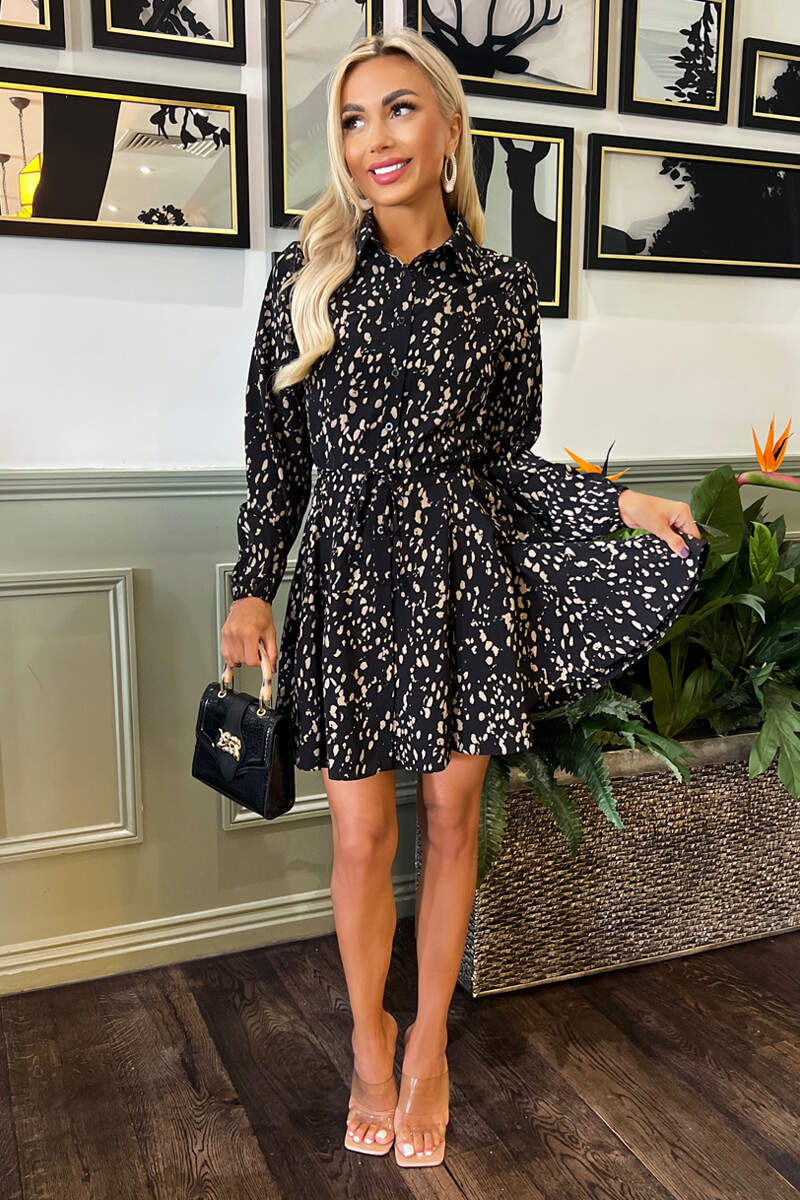 Black and Beige Printed Mini Tie Waist Shirt Dress - Image 2