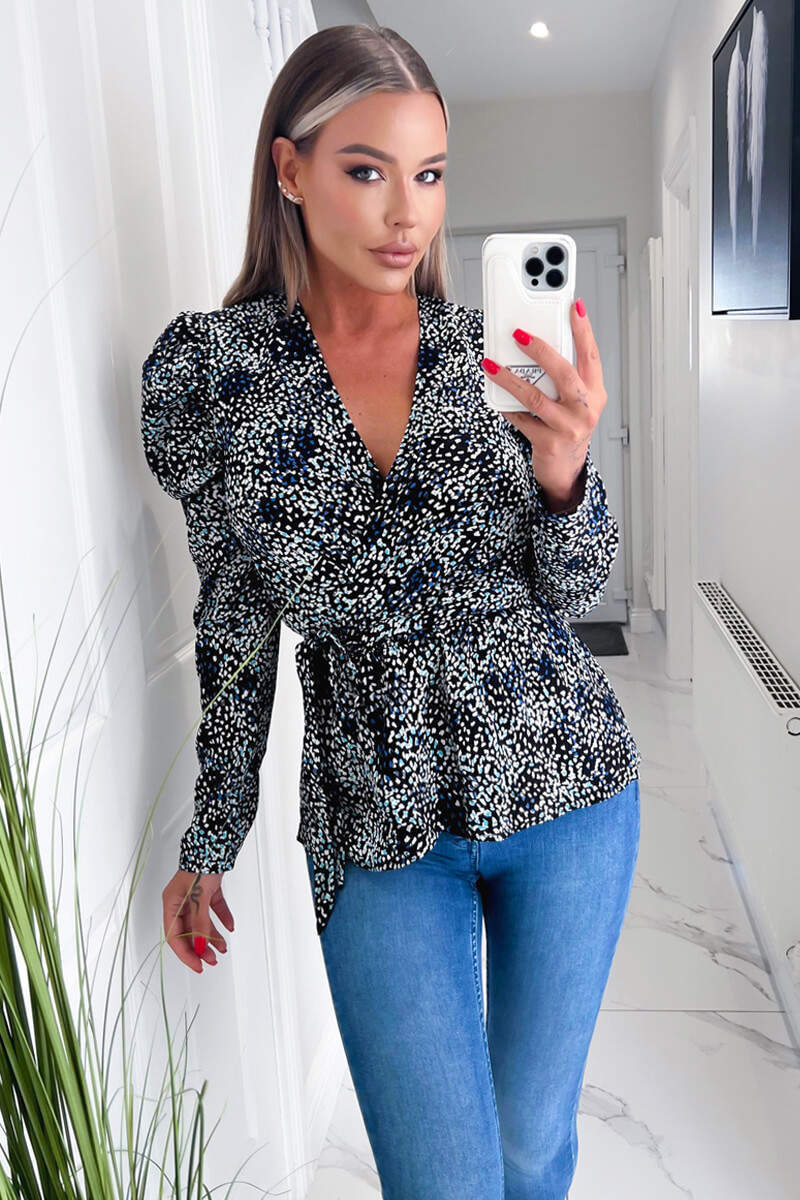 Black And Blue Printed Belted Wrap Top - Image 2