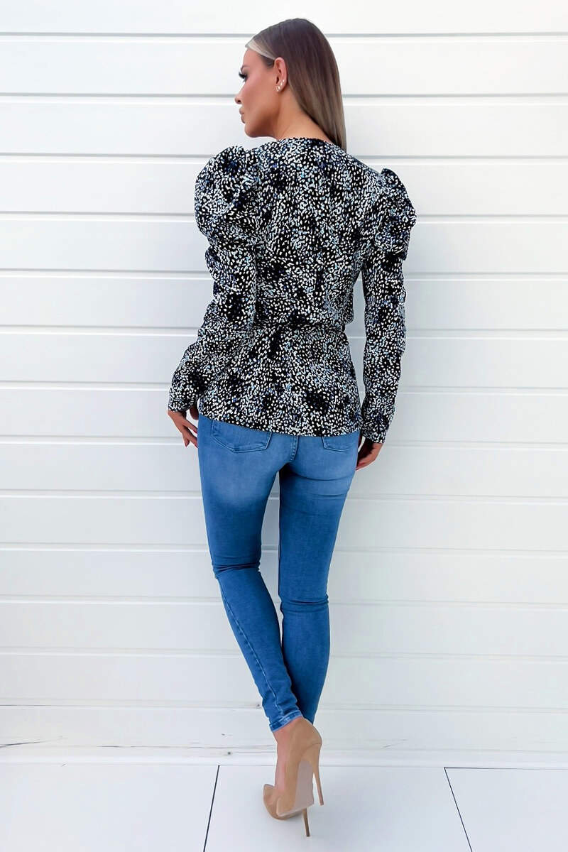 Black And Blue Printed Belted Wrap Top - Image 4