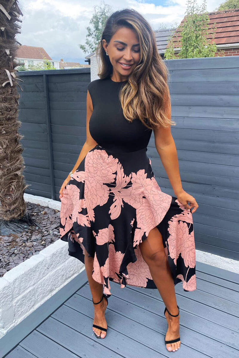 Black and Blush Floral Print 2 in 1 Midi Dress - Image 4