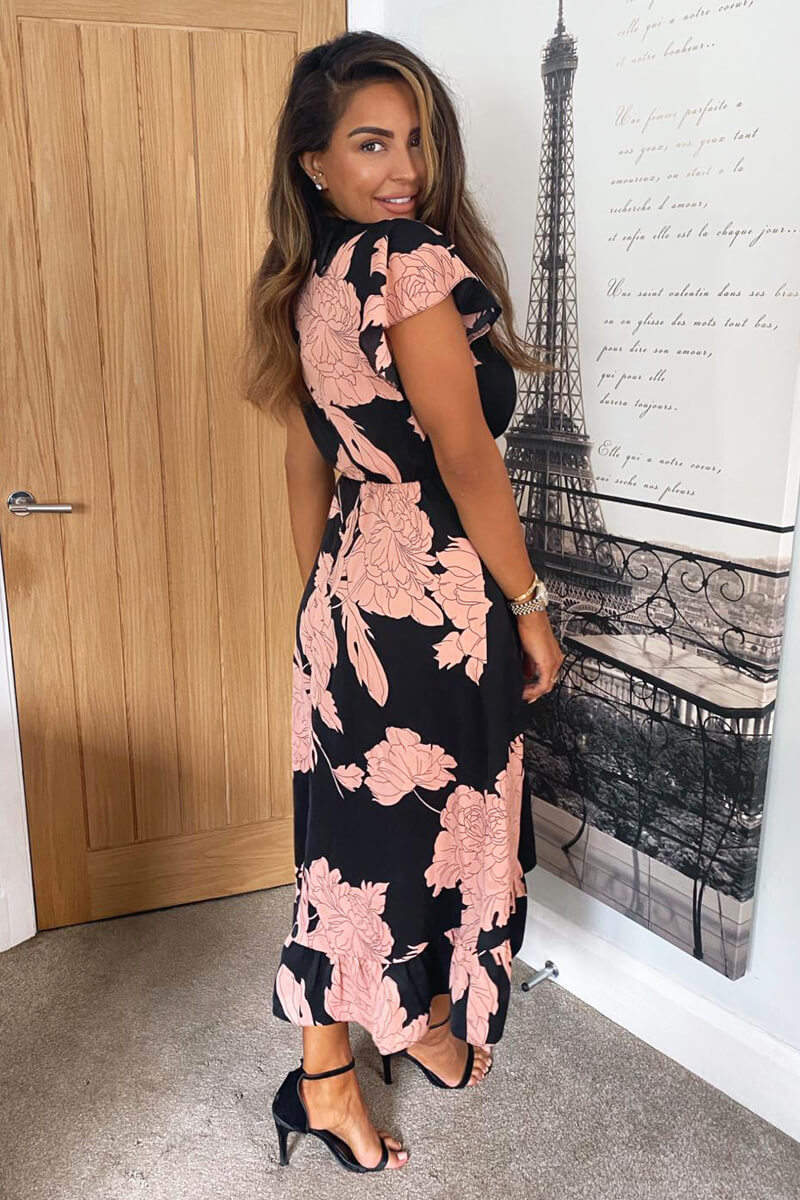 Black and Blush Floral Print Wrap Midi Dress - Image 3