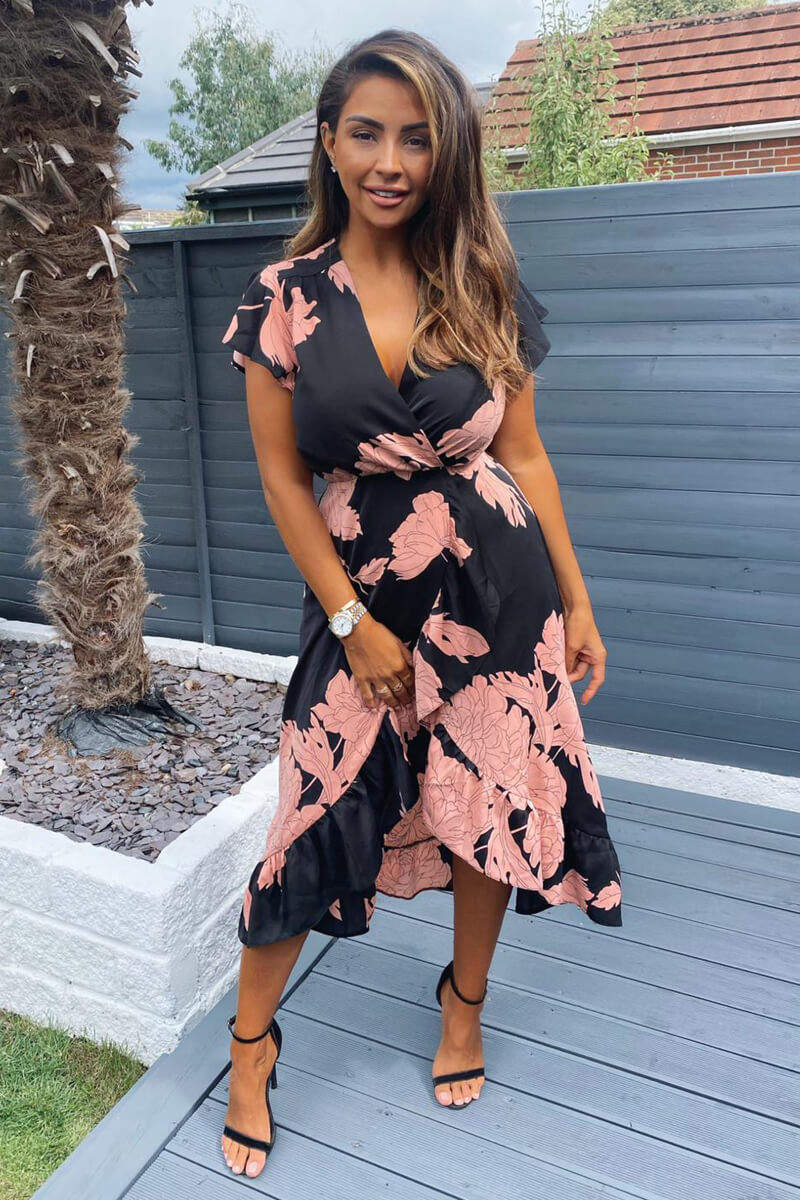 Black and Blush Floral Print Wrap Midi Dress - Image 4