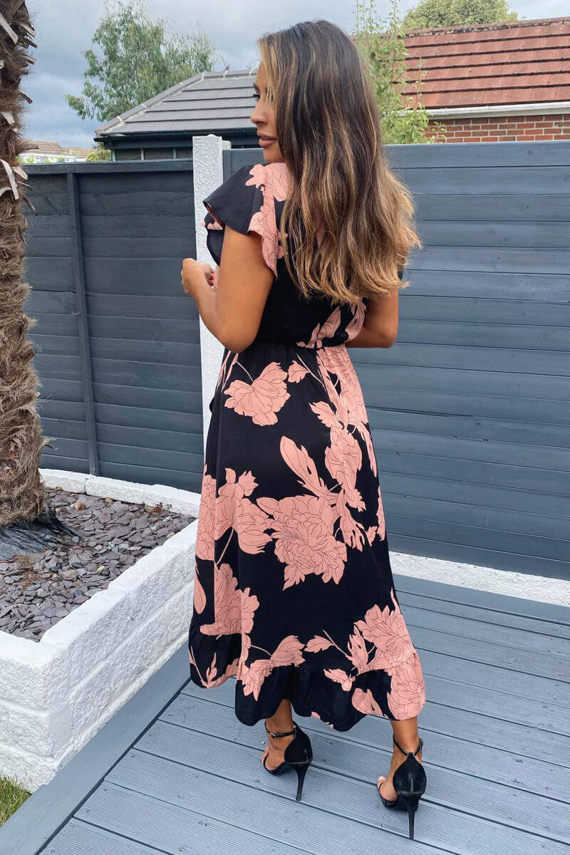 Black and Blush Floral Print Wrap Midi Dress - Image 6
