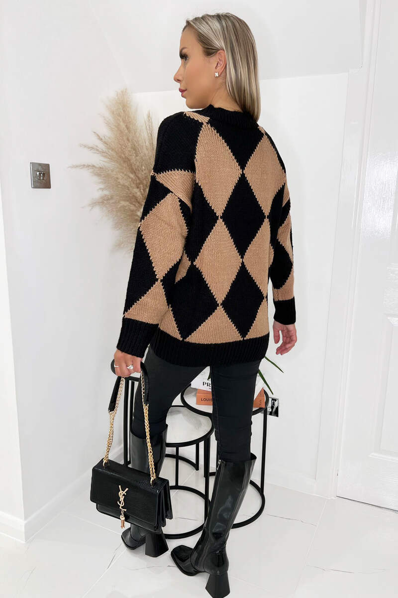 Black And Camel Geo Diamond Pattern V Neck Long Sleeve Knitted Jumper - Image 4