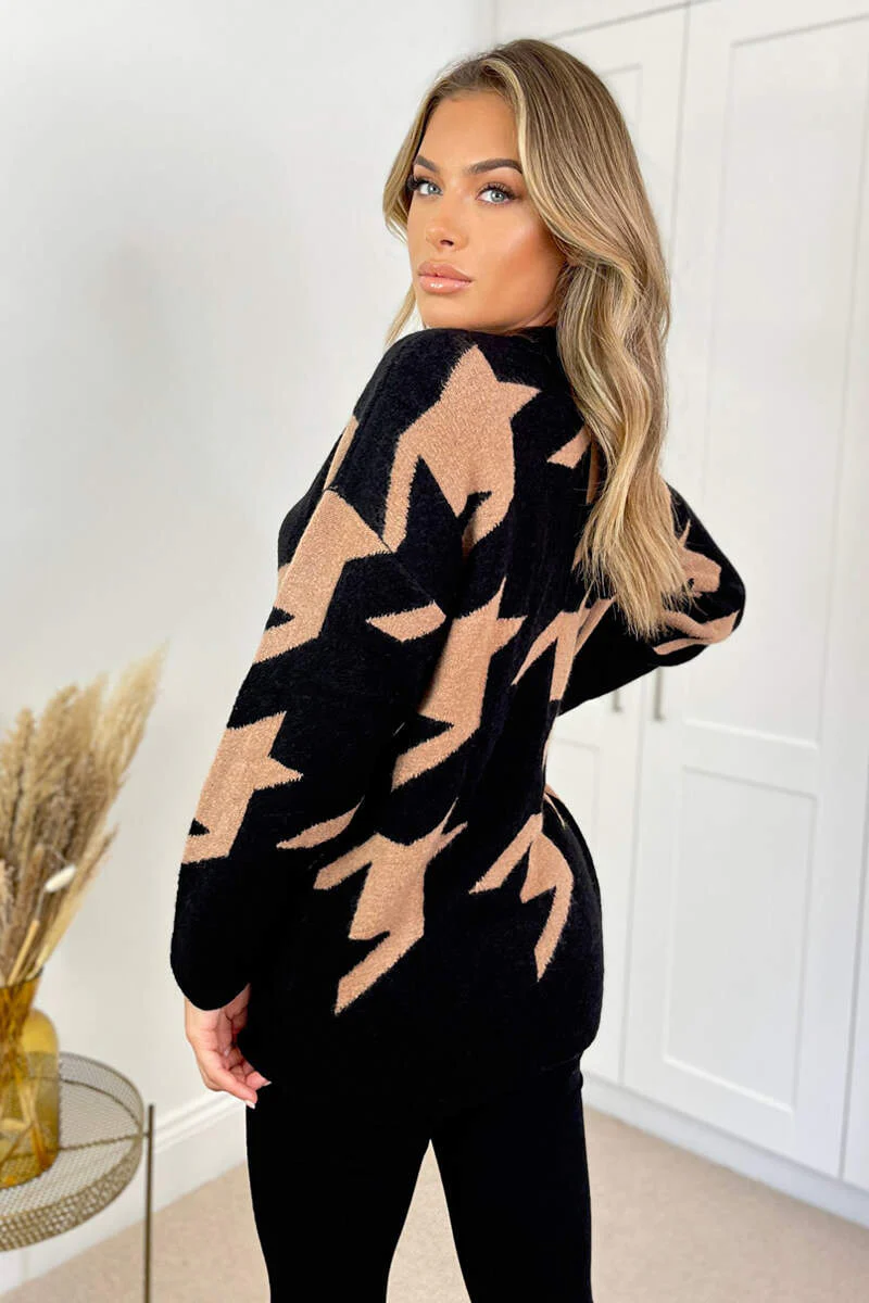 Black And Camel Long Sleeve V Neck Houndstooth Print Knitted Jumper - Image 4