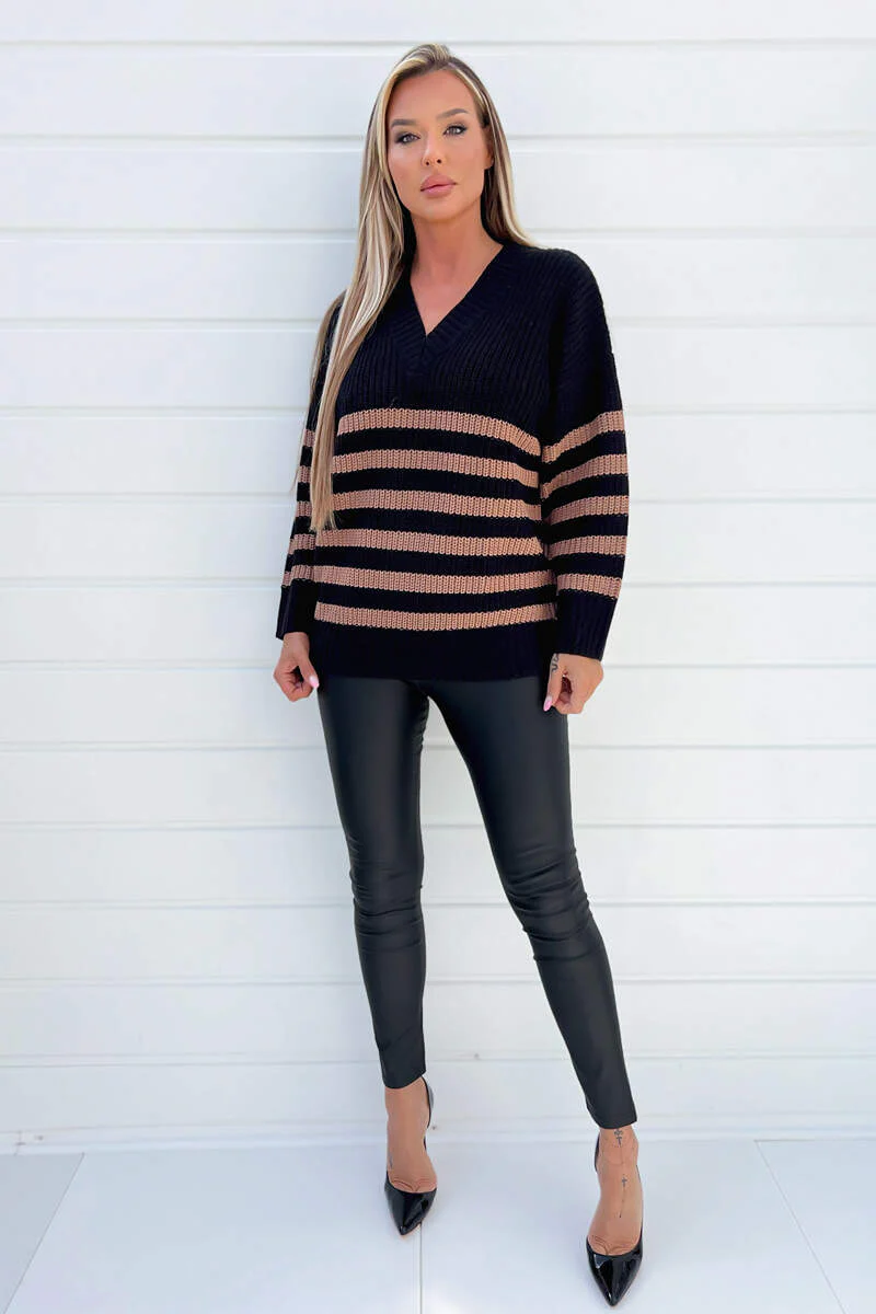 Black And Camel Stripe V-Neck Knit Jumper - Image 5
