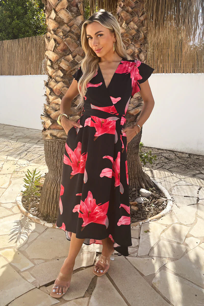 Black And Cerise Floral Print Belted Wrap Midi Dress - Image 3