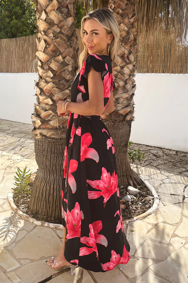 Black And Cerise Floral Print Belted Wrap Midi Dress - Image 4