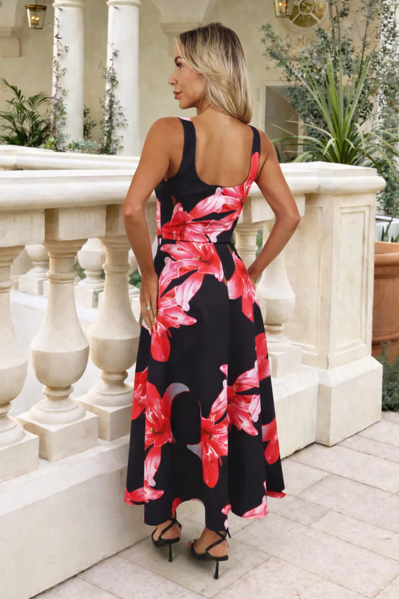 Black And Cerise Floral Print Square Neck A-line Midi Dress - Image 11