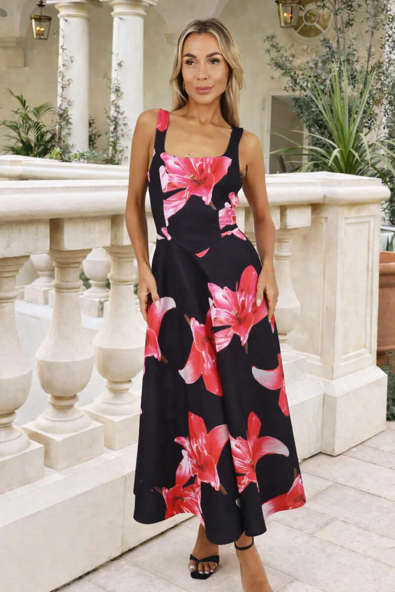 Black And Cerise Floral Print Square Neck A-line Midi Dress - Image 3