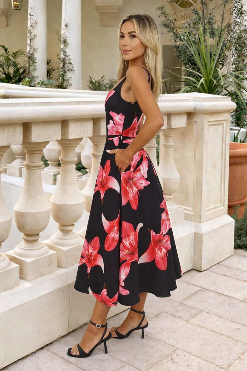 Black And Cerise Floral Print Square Neck A-line Midi Dress - Image 4