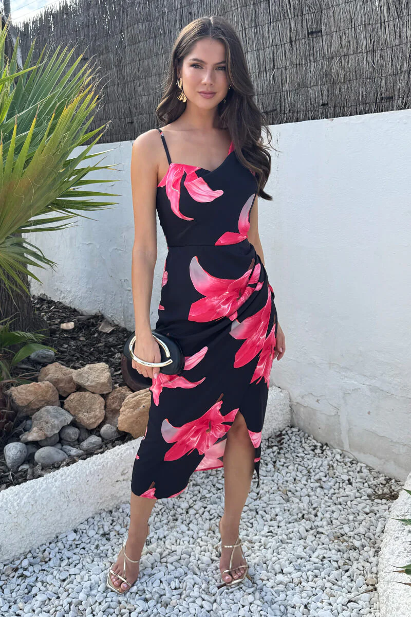 Black And Cerise Floral Print Strap Detail Cowl Midi Dress - Image 2