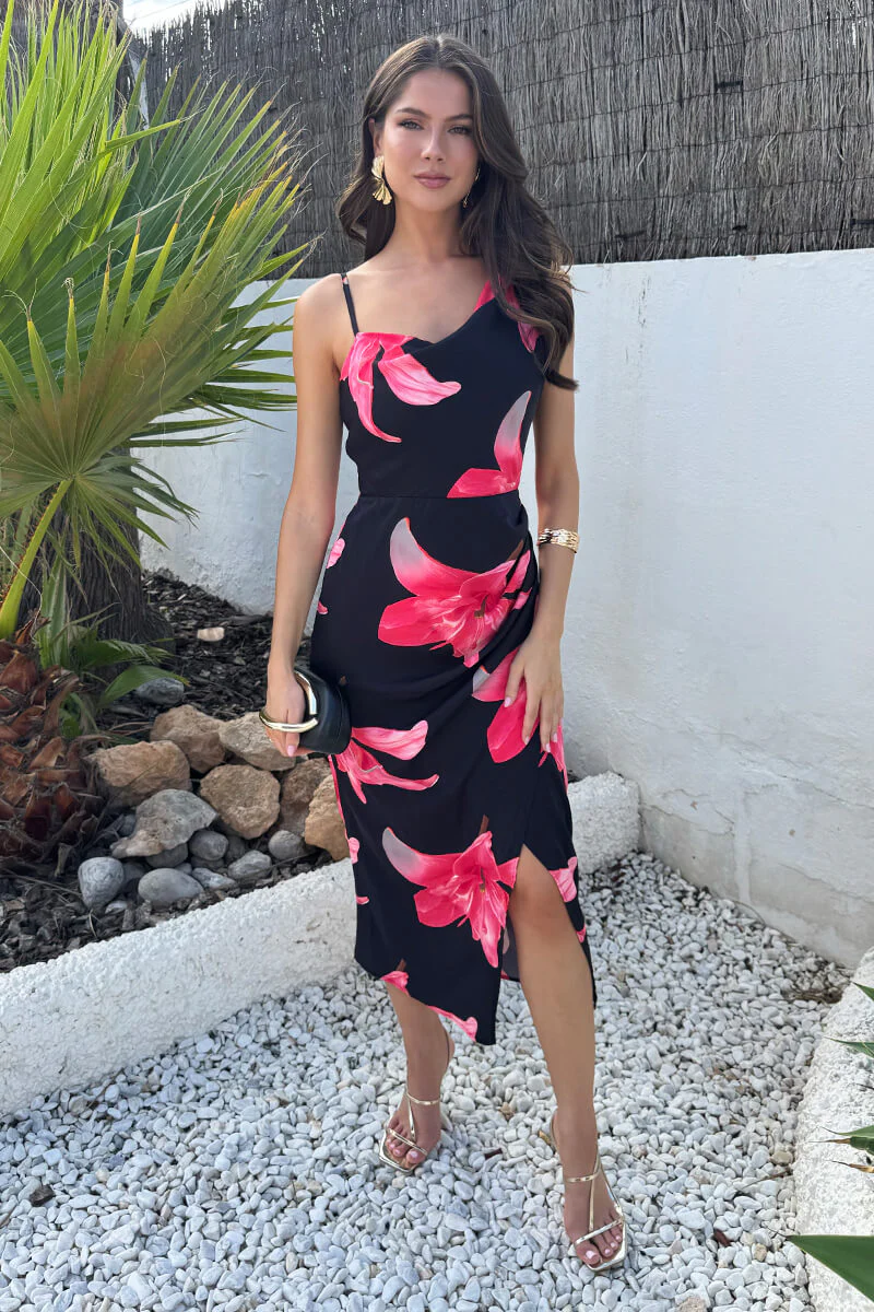 Black And Cerise Floral Print Strap Detail Cowl Midi Dress - Image 3