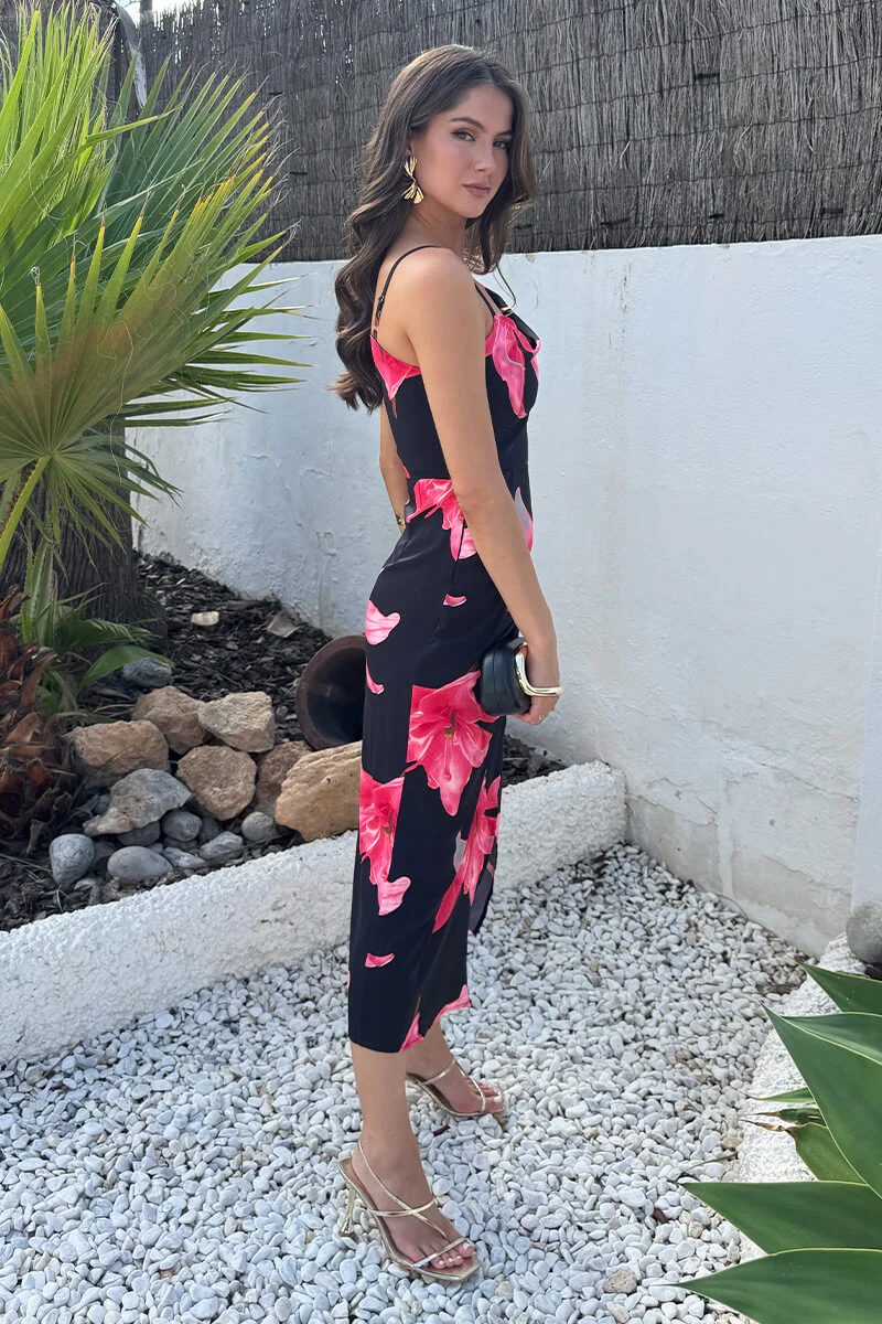 Black And Cerise Floral Print Strap Detail Cowl Midi Dress - Image 4