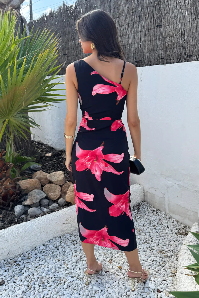 Black And Cerise Floral Print Strap Detail Cowl Midi Dress - Image 5