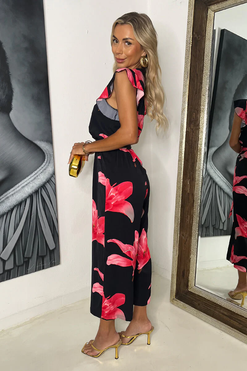 Black And Cerise Floral Print Wrap Top Belted Jumpsuit - Image 4