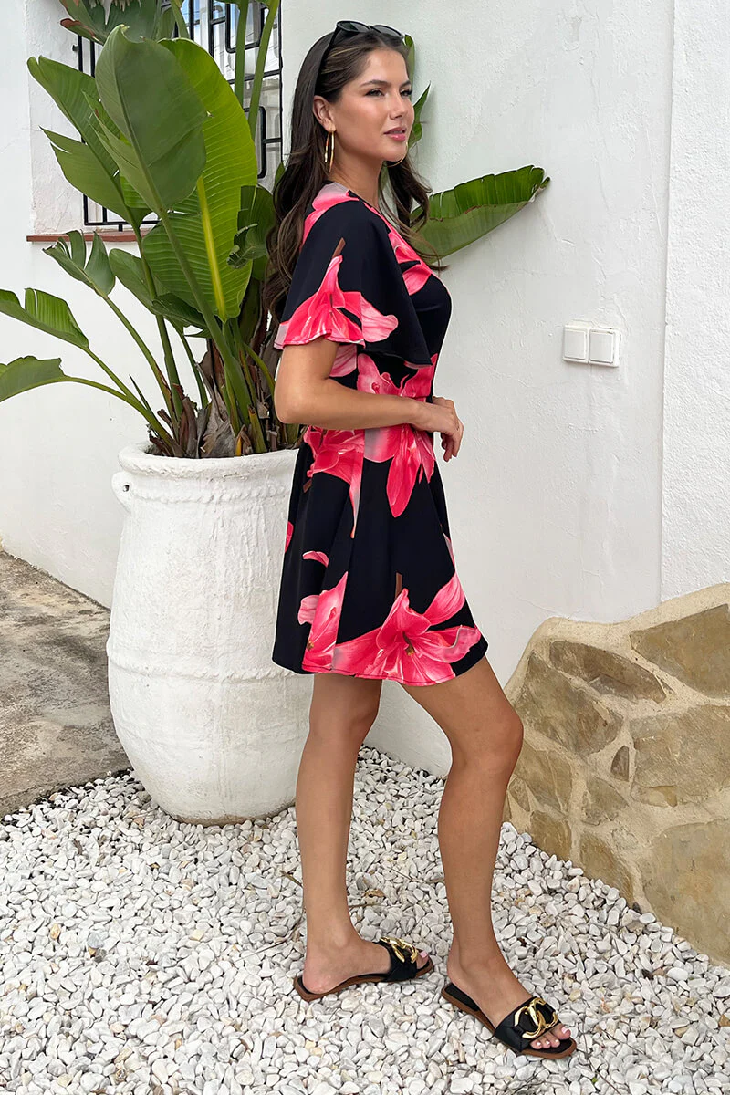 Black And Cerise Floral Print Wrap Top Skater Mini Dress - Image 4