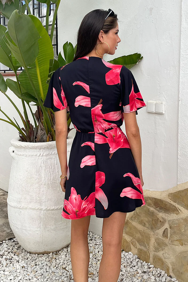 Black And Cerise Floral Print Wrap Top Skater Mini Dress - Image 5