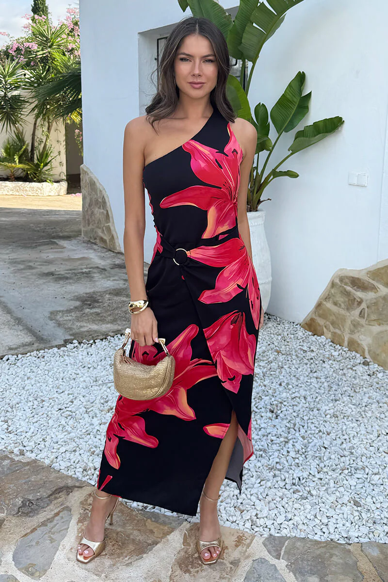 Black And Coral Red Floral Print One Shoulder O-Ring Midi Dress - Image 2