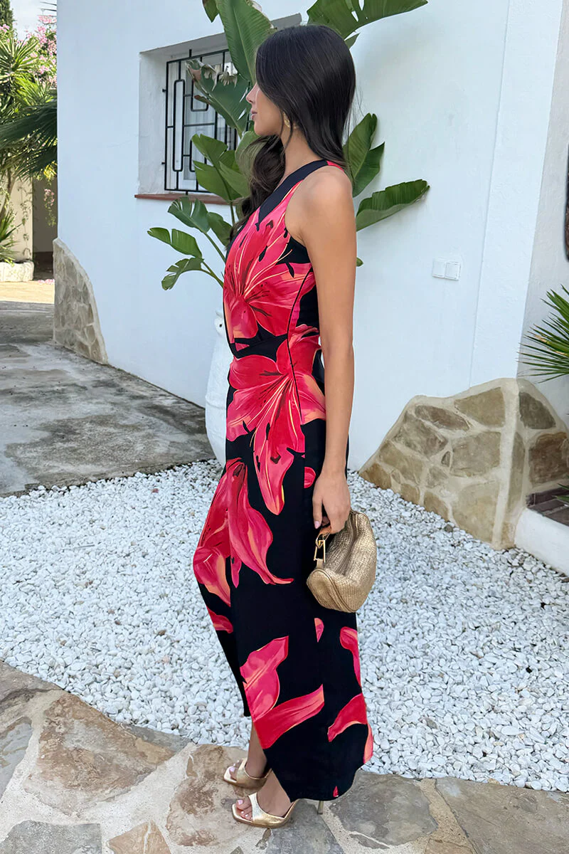 Black And Coral Red Floral Print One Shoulder O-Ring Midi Dress - Image 4