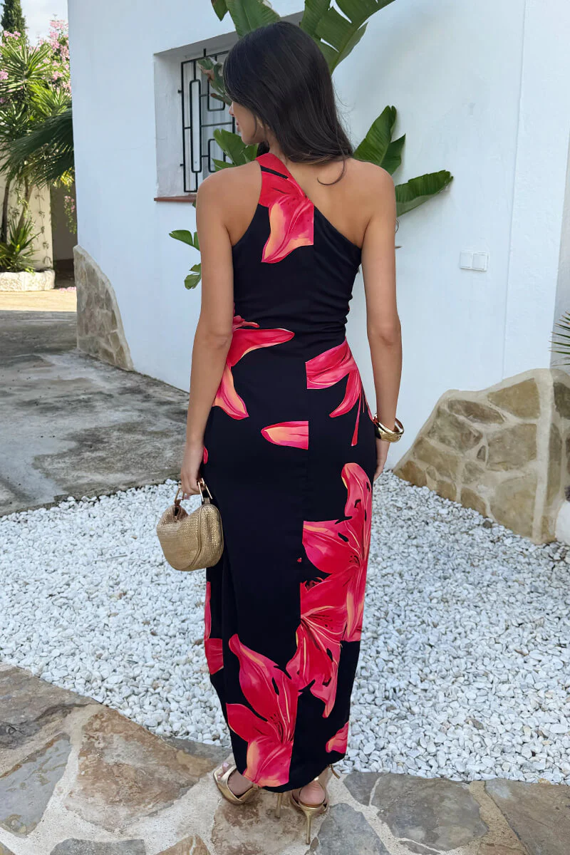 Black And Coral Red Floral Print One Shoulder O-Ring Midi Dress - Image 5