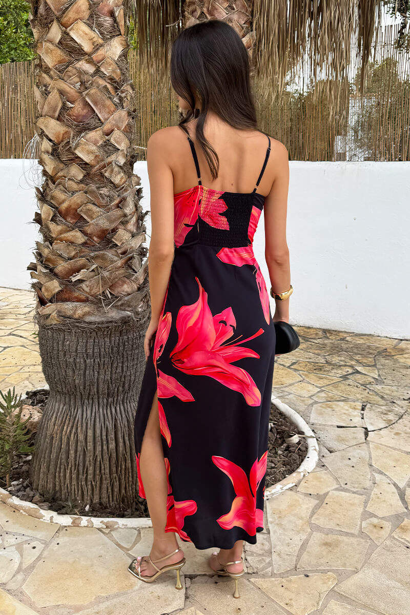 Black And Coral Red Floral Print Strappy Slip Midi Dress - Image 5